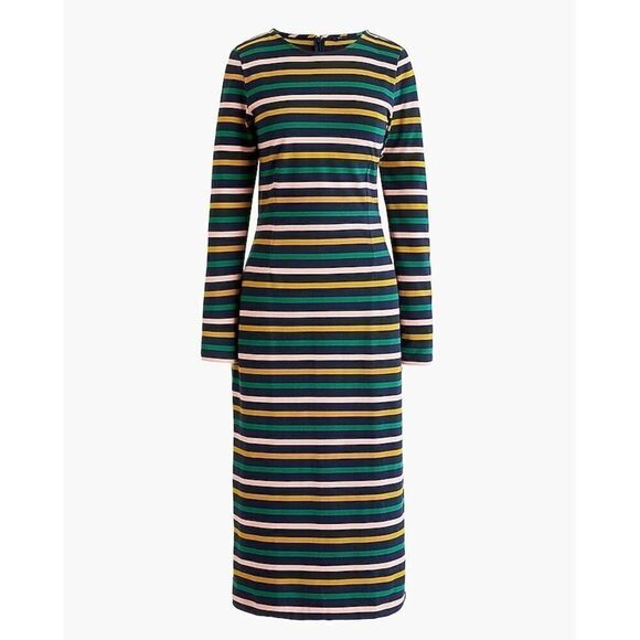 J. Crew 16 Navy Green Striped Sheath Dress Midi Long Sleeve Career Modest Office - Picture 4 of 9